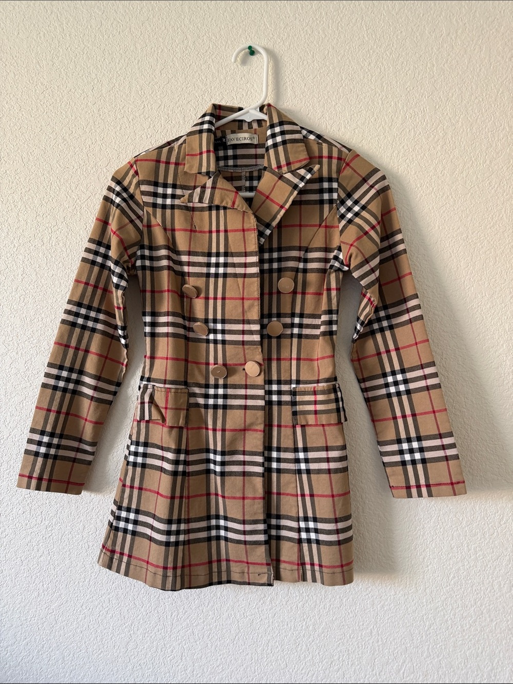 Classic Tan Plaid Double-Breasted Trench Coat